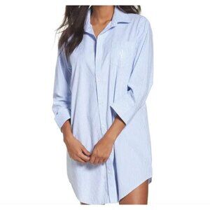 Ralph Lauren Long Sleeve Cotton Poplin Sleep Shirt Stripe Windsor Navy White M